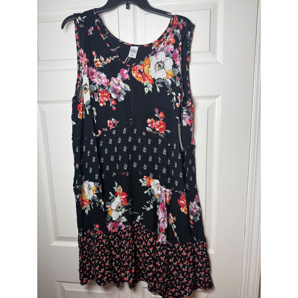 Bila Women XXL Black‎ Floral Mixed Print Boho Tiered Rayon Midi Dress NWT